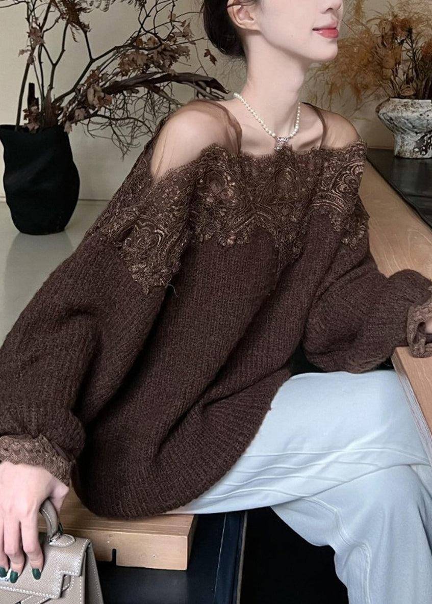 Diy Brown Oversized Lace Patchwork Knit Pullover Winter