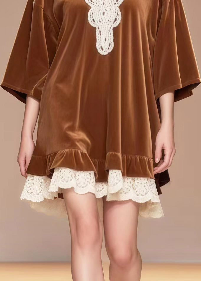 Diy Brown Oversized Lace Patchwork Silk Velvet Tea Dress Spring