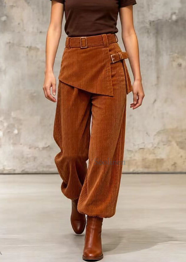 Diy Brown Tie Waist Patchwork Corduroy Pants Skirt Spring