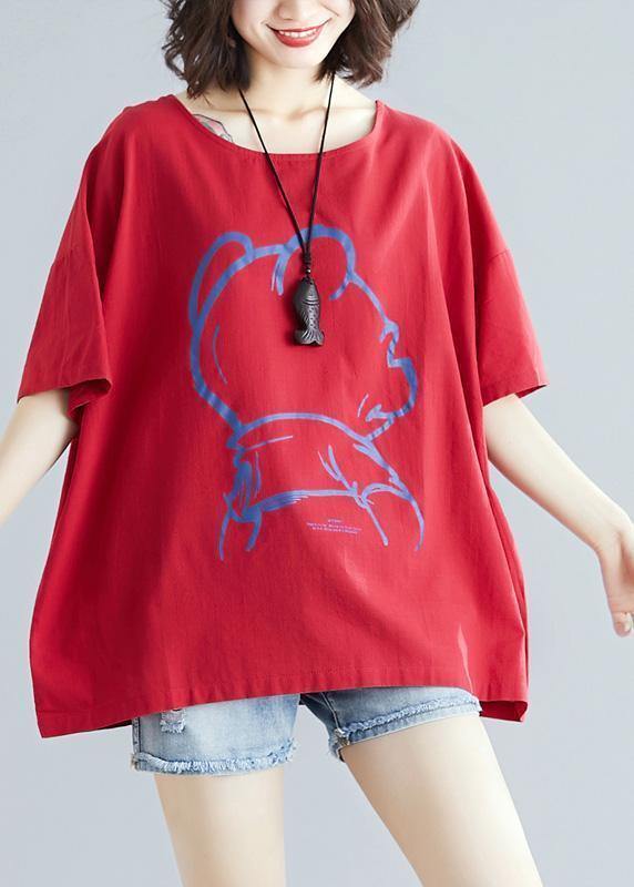 Diy Cartoon Print Cotton Linen Tops Outfits Red O Neck Blouses Summer
