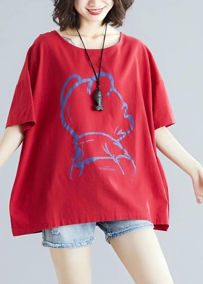 Diy Cartoon Print Cotton Linen Tops Outfits Red O Neck Blouses Summer