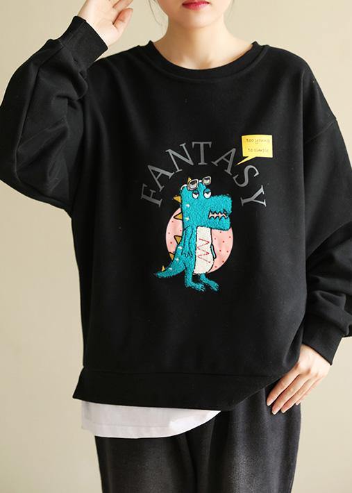 Diy Cartoon Print Cotton Spring Tunics for Pattern Black Blouse