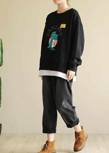 DIY Cartoon print cotton spring tunics for women pattern black blouse