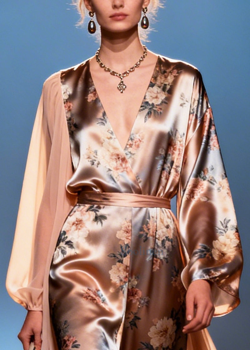 Diy Champagne Asymmetrical Patchwork Print Silk Maxi Dresses Summer