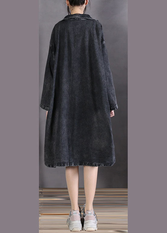 Diy Charcoal Grey Peter Pan Collar Button Denim Coats Spring