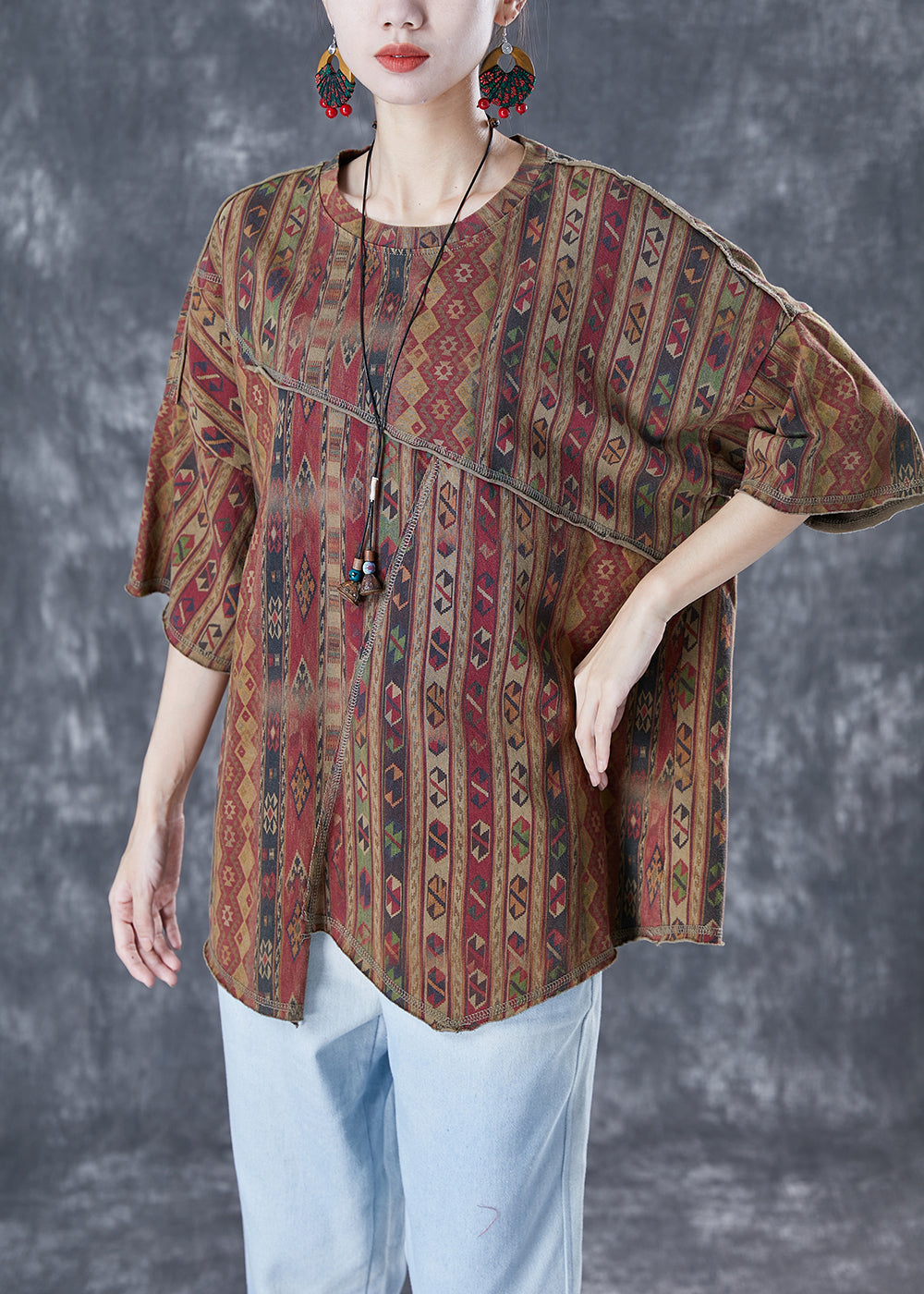 Diy Coffee Asymmetrical Patchwork Print Cotton Top Summer