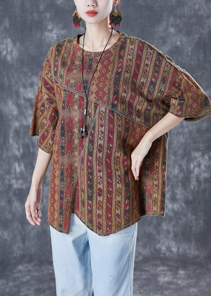 Diy Coffee Asymmetrical Patchwork Print Cotton Top Summer