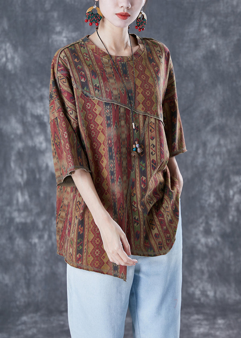 Diy Coffee Asymmetrical Patchwork Print Cotton Top Summer