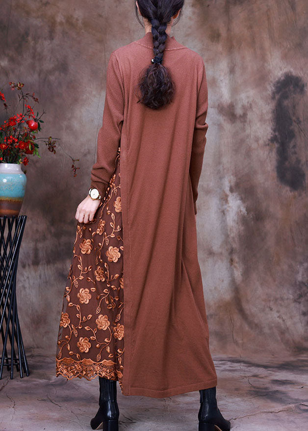 Diy Chocolate Knit Patchwork Lace Embroideried Fall Dress