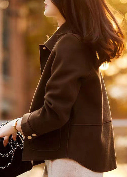 Diy Coffee Peter Pan Collar Pockets Patchwork Woolen Jackets Fall