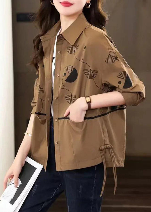 Diy Coffee Peter Pan Collar Print Chinese Button Cotton Coat Fall