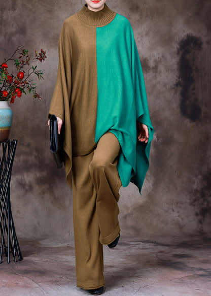 Diy Chocolate Turtleneck Asymmetrical Patchwork Knit Sweaters and Wide Leg Pants Two Pieces Set Fall