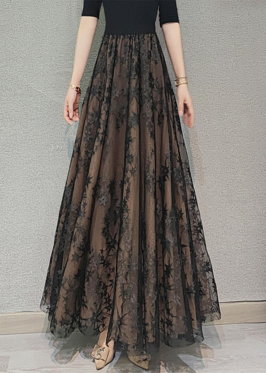 Diy Chocolate Wrinkled Embroideried High Waist Tulle Skirt Spring