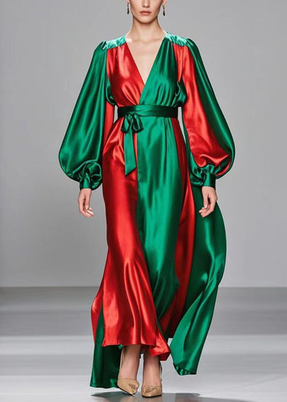 Diy Colorblock Cinched Patchwork Silk Long Dresses Lantern Sleeve