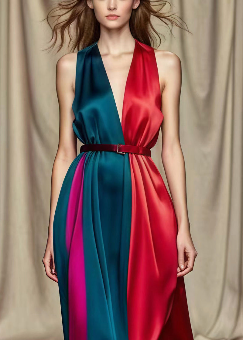 Diy Colorblock Cinched Patchwork Silk Long Dresses Summer