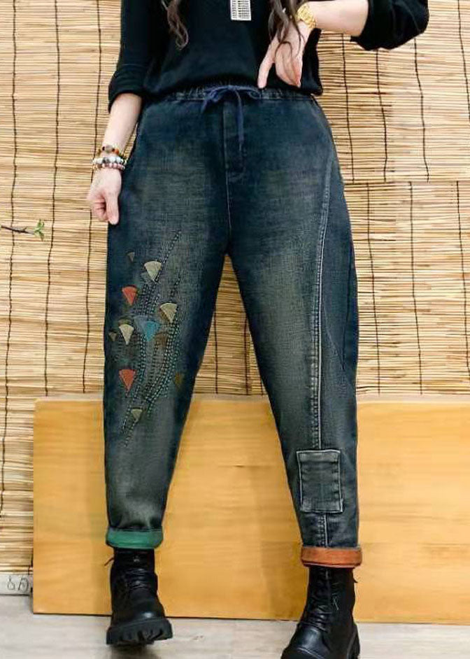 Diy Colorblock Elastic Waist Drawstring Pockets Patchwork Cotton Denim Pants Fall