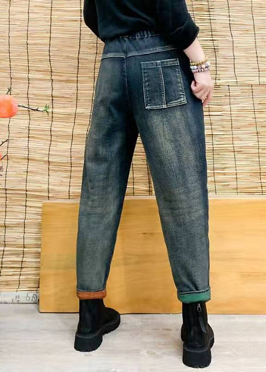 Diy Colorblock Elastic Waist Drawstring Pockets Patchwork Cotton Denim Pants Fall