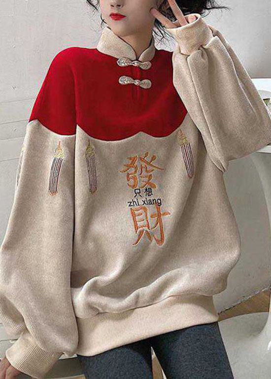 Diy Colorblock Embroideried Patchwork Warm Fleece Sweatshirts Top Spring
