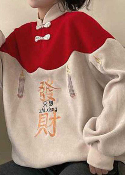 DIY Colorblock Embroideried Patchwork Warm Fleece Sweatshirts Top spring