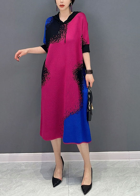 Diy Colorblock Hooded Print Knit Maxi Dresses Half Sleeve
