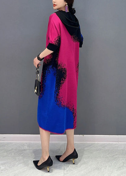 Diy Colorblock Hooded Print Knit Maxi Dresses Half Sleeve