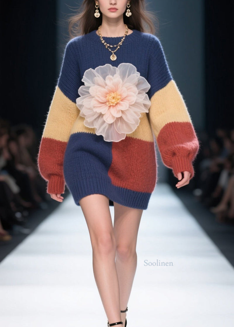 Diy Colorblock O Neck Patchwork Knitwear Dress Fall