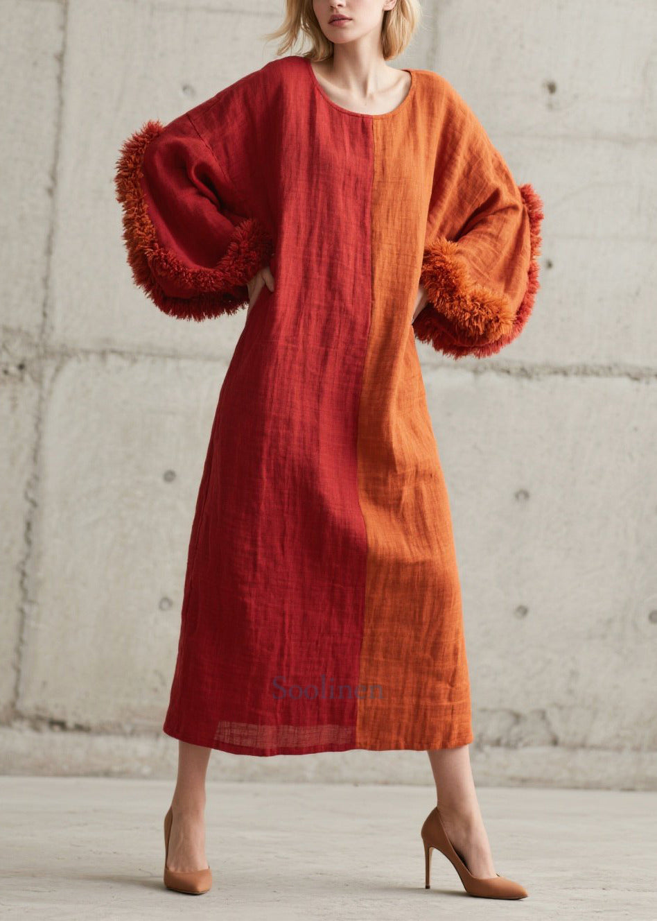 Diy Colorblock O-neck Patchwork Faux Fur Maxi Dress Lantern Sleeve