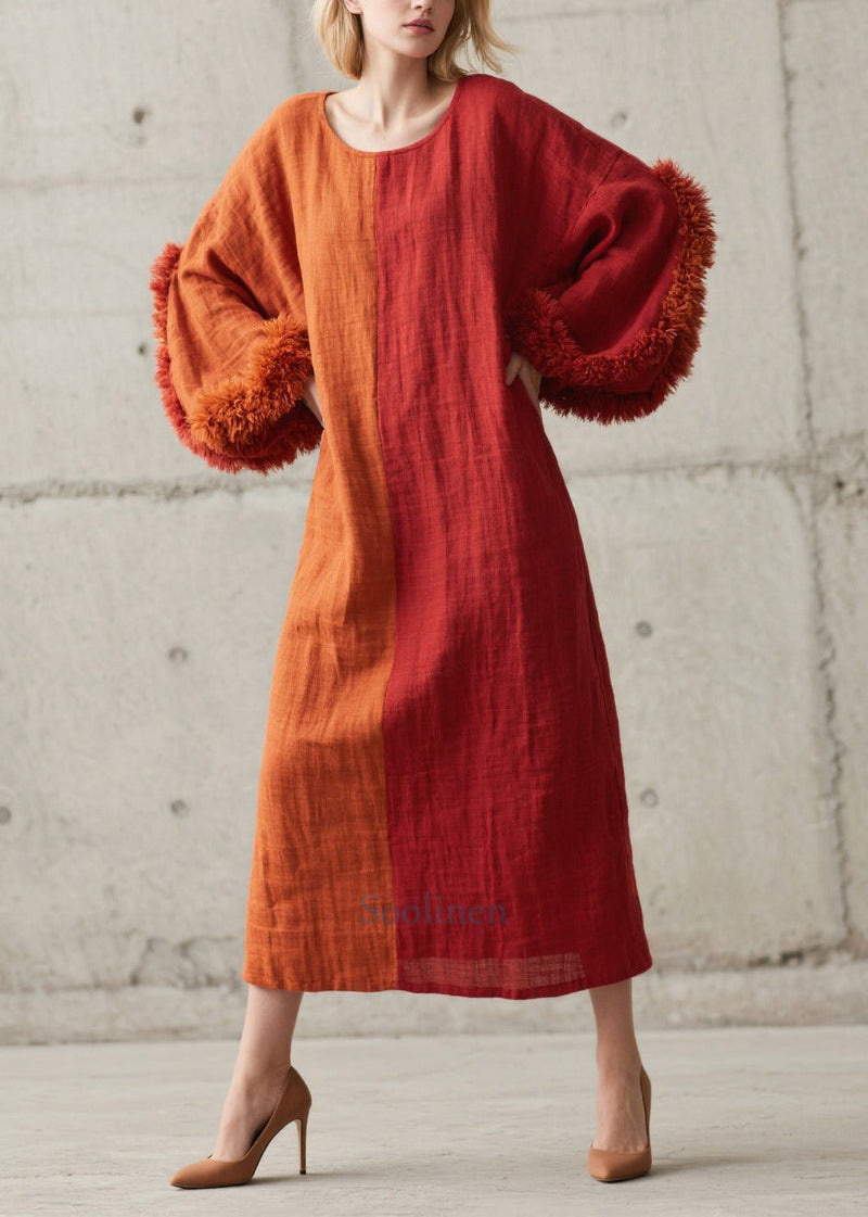 Diy Colorblock O-neck Patchwork Faux Fur Maxi Dress Lantern Sleeve