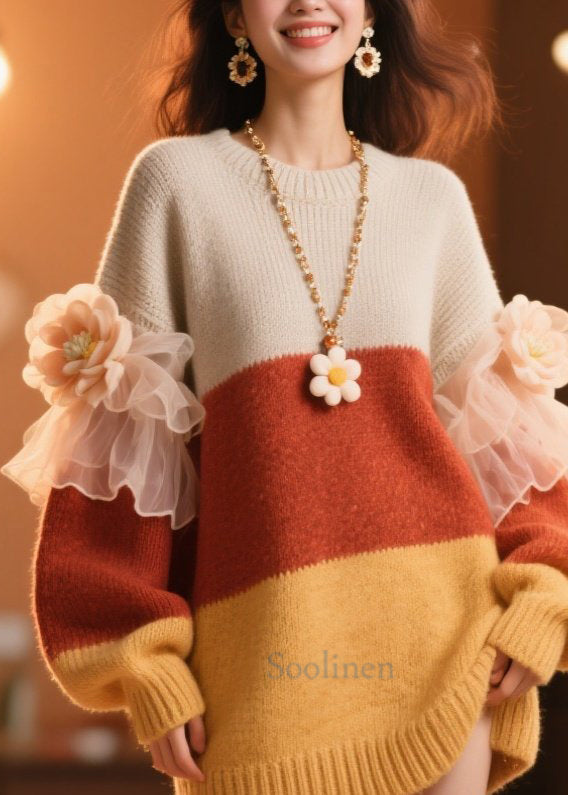 Diy Colorblock O Neck Ruffled Knit Dress Winter