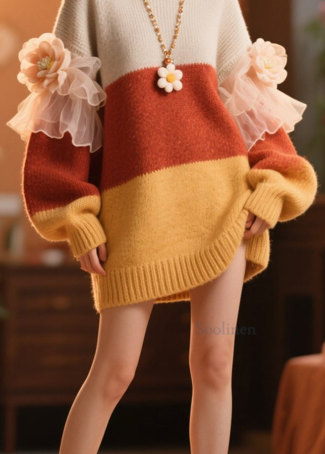 Diy Colorblock O Neck Ruffled Knit Dress Winter