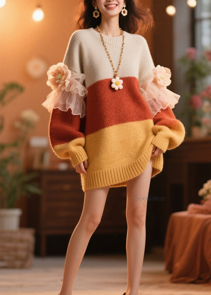 Diy Colorblock O Neck Ruffled Knit Dress Winter