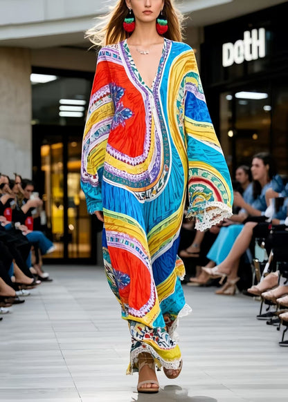 Diy Colorblock Oversized Print Chiffon Maxi Dress Spring