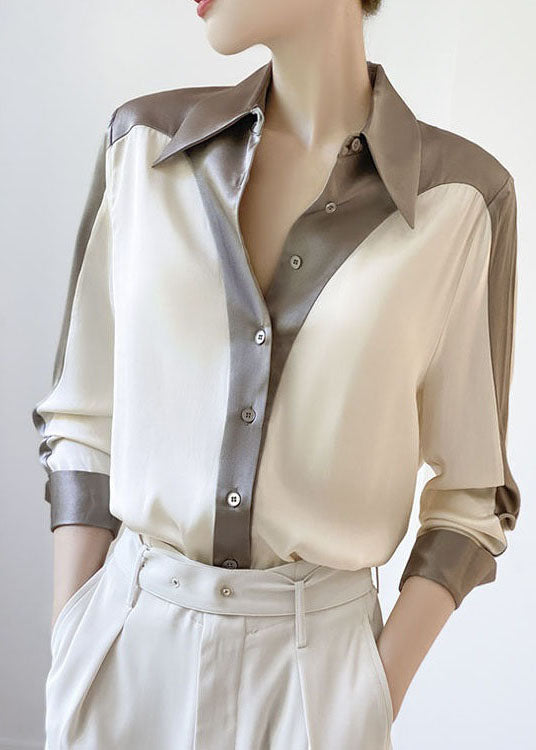 Diy Colorblock Peter Pan Collar Patchwork Silk Shirt Spring