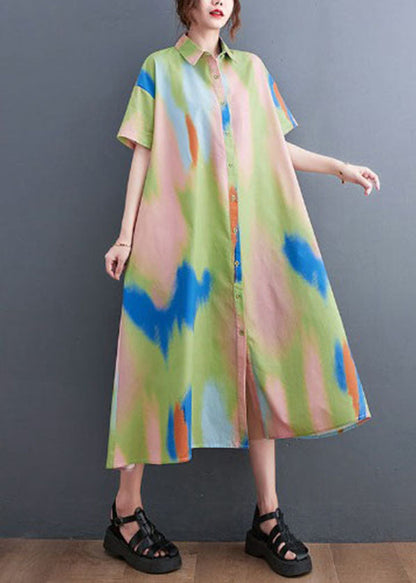 Diy Colorblock Peter Pan Collar Tie Dye Print Button Cotton Shirt Dress Short Sleeve