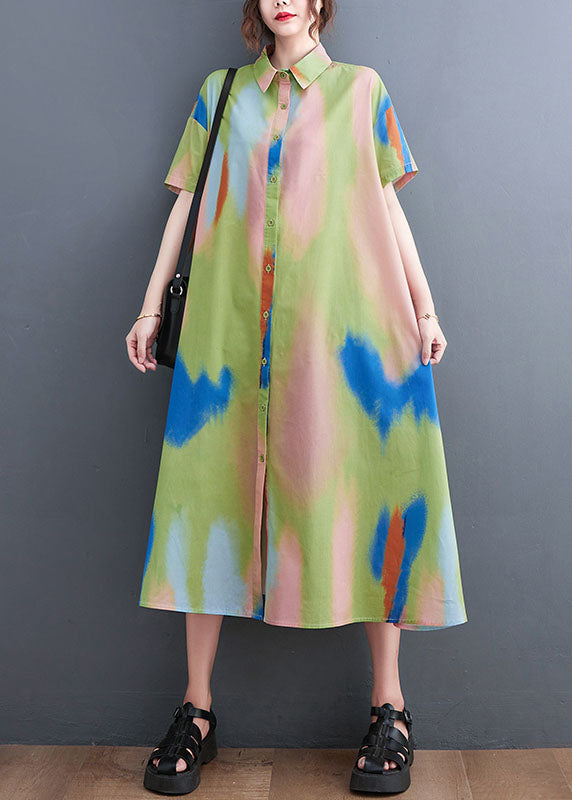 Diy Colorblock Peter Pan Collar Tie Dye Print Button Cotton Shirt Dress Short Sleeve