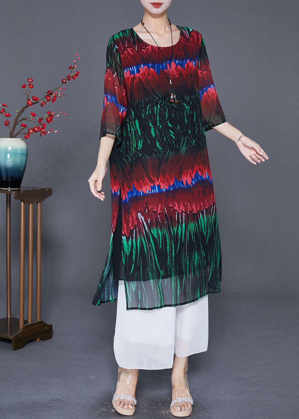 Diy Colorblock Print Side Open Chiffon Long Dress Half Sleeve
