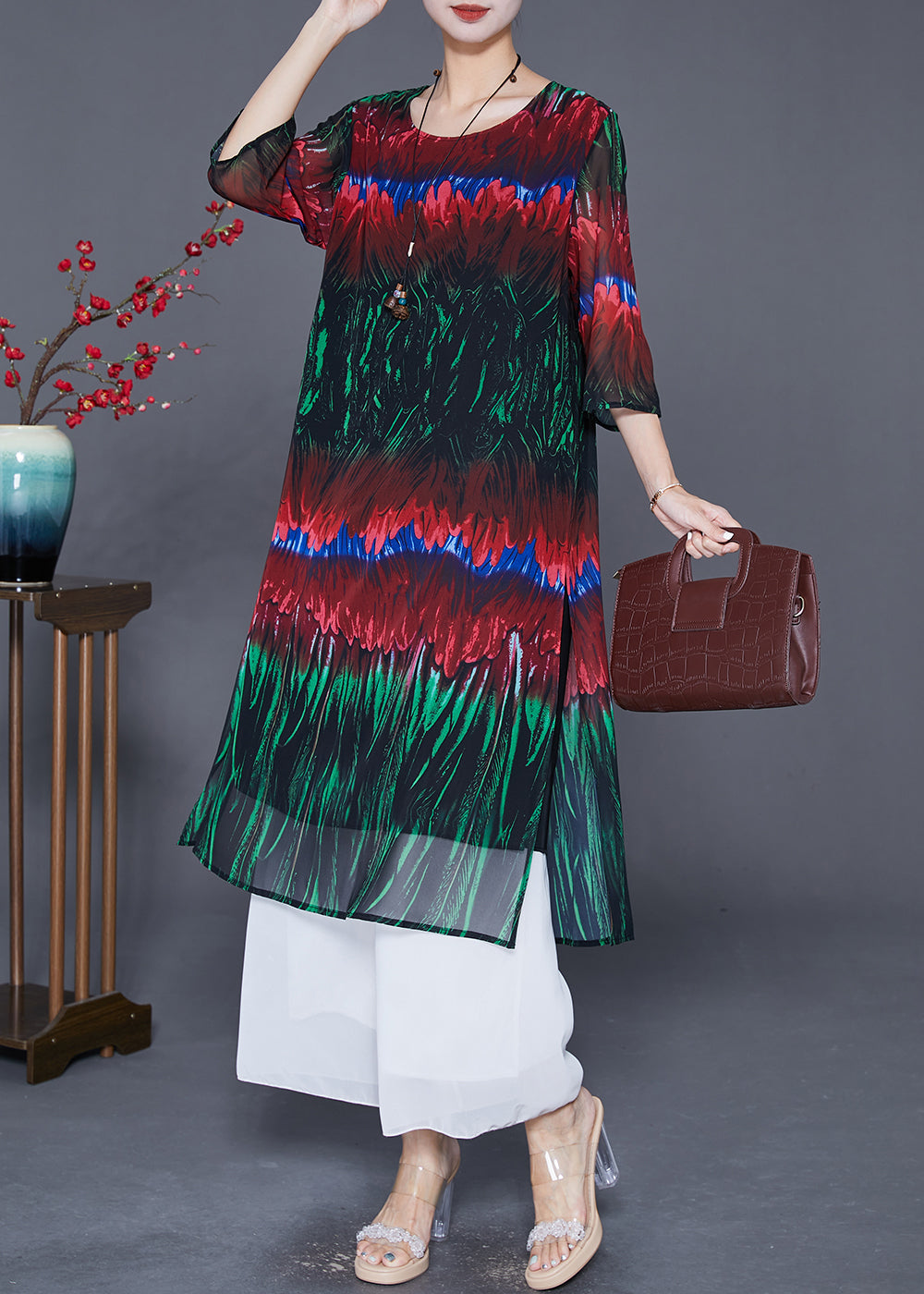 Diy Colorblock Print Side Open Chiffon Long Dress Half Sleeve
