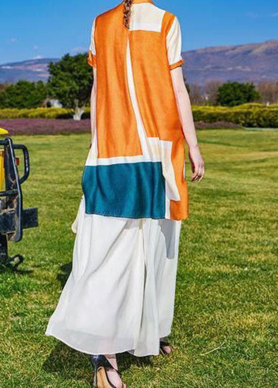 Diy Colorblock Print Tops and Pants Silk Two Pieces Set Summer