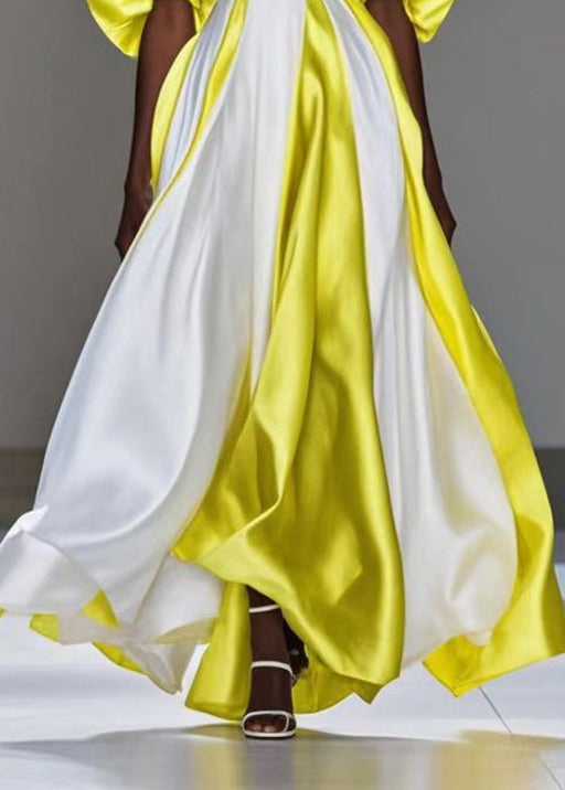 Diy Colorblock Puff Sleeve Patchwork Exra Large Hem Silk Maxi Dresses