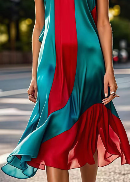 Diy Colorblock Silm Fit Patchwork Silk Long Dresses Sleeveless