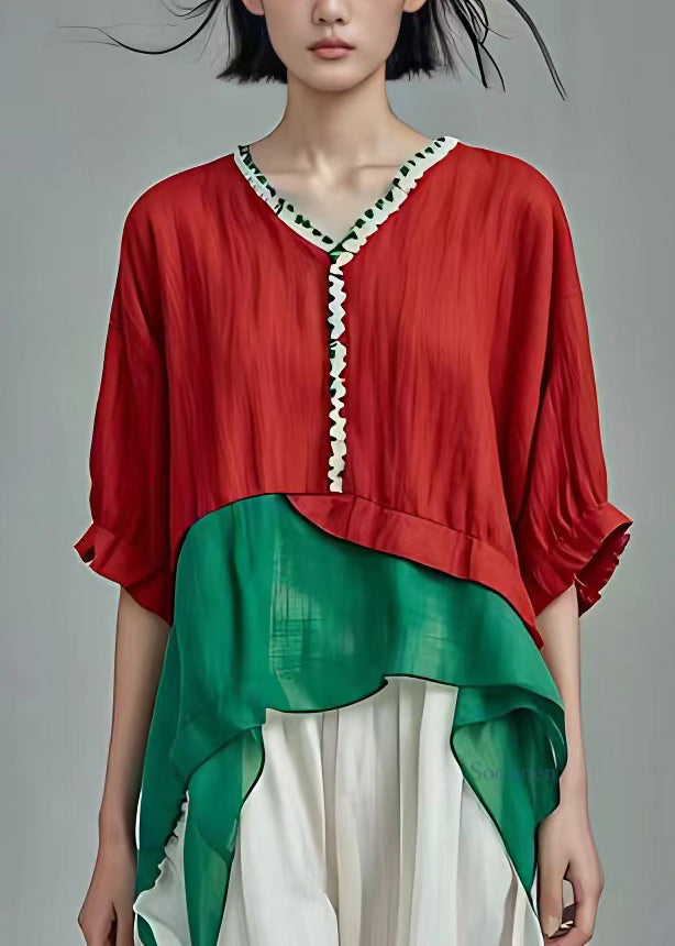 Diy Colorblock V Neck Chiffon Patchwork Shirts Short Sleeve