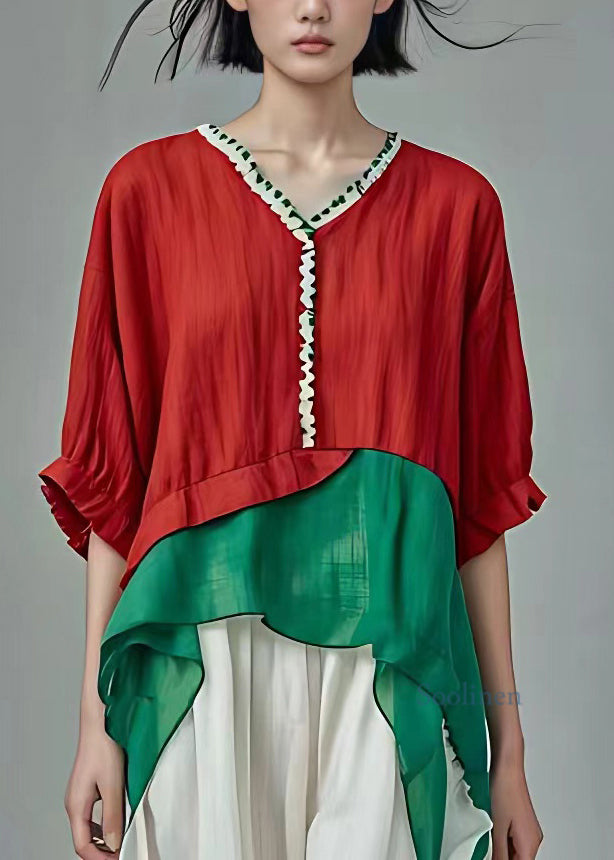 Diy Colorblock V Neck Chiffon Patchwork Shirts Short Sleeve