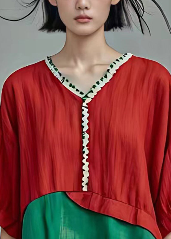Diy Colorblock V Neck Chiffon Patchwork Shirts Short Sleeve