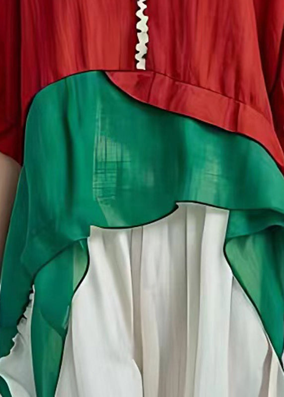 Diy Colorblock V Neck Chiffon Patchwork Shirts Short Sleeve
