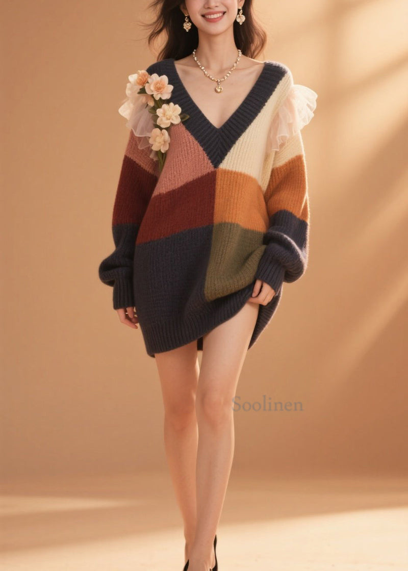 Diy Colorblock V Neck Ruffled Knit Sweater Dress Fall