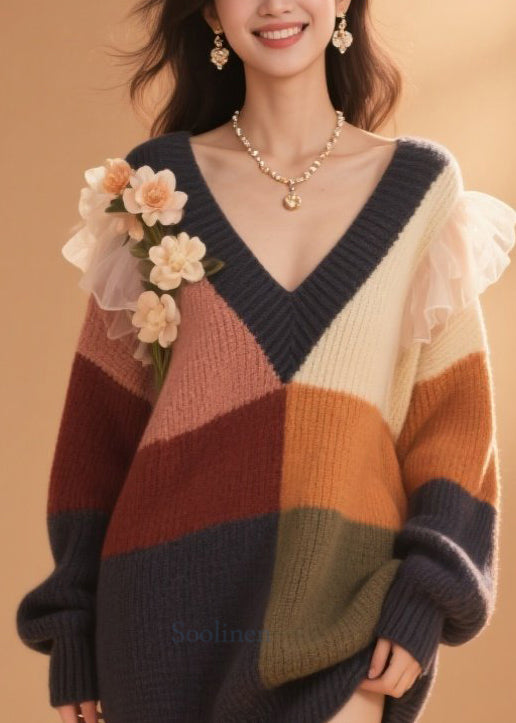 Diy Colorblock V Neck Ruffled Knit Sweater Dress Fall