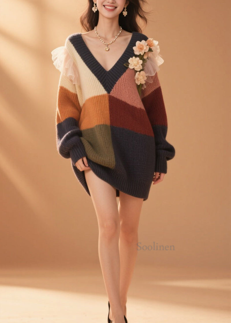 Diy Colorblock V Neck Ruffled Knit Sweater Dress Fall