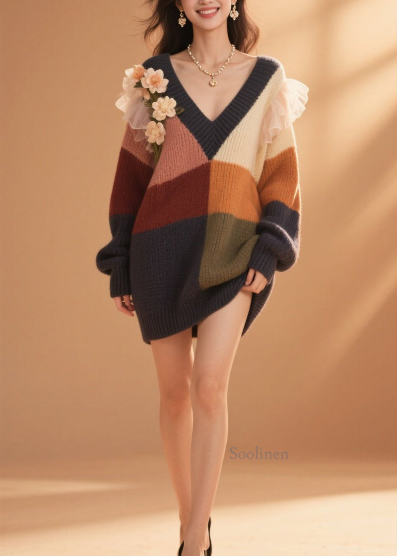 Diy Colorblock V Neck Ruffled Knit Sweater Dress Fall