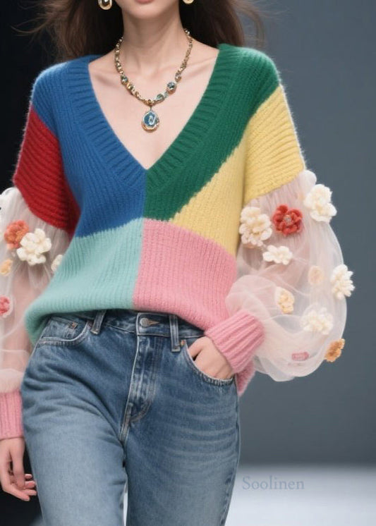 Diy Colorblock V Neck Tulle Patchwork Knit Sweater Fall