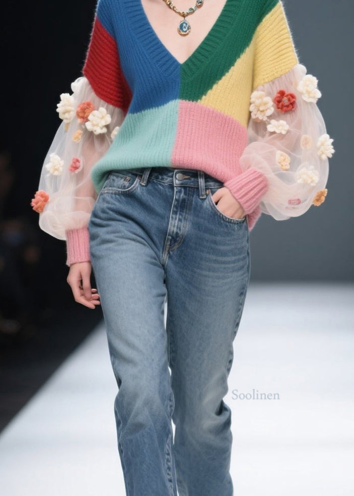 Diy Colorblock V Neck Tulle Patchwork Knit Sweater Fall